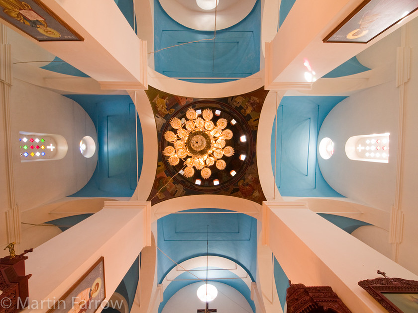 Church-Roof 
 Looking up at church ceiling 
 Keywords: Crete, Greece, church,ceiling,cross,blue,symmetry,high,interior